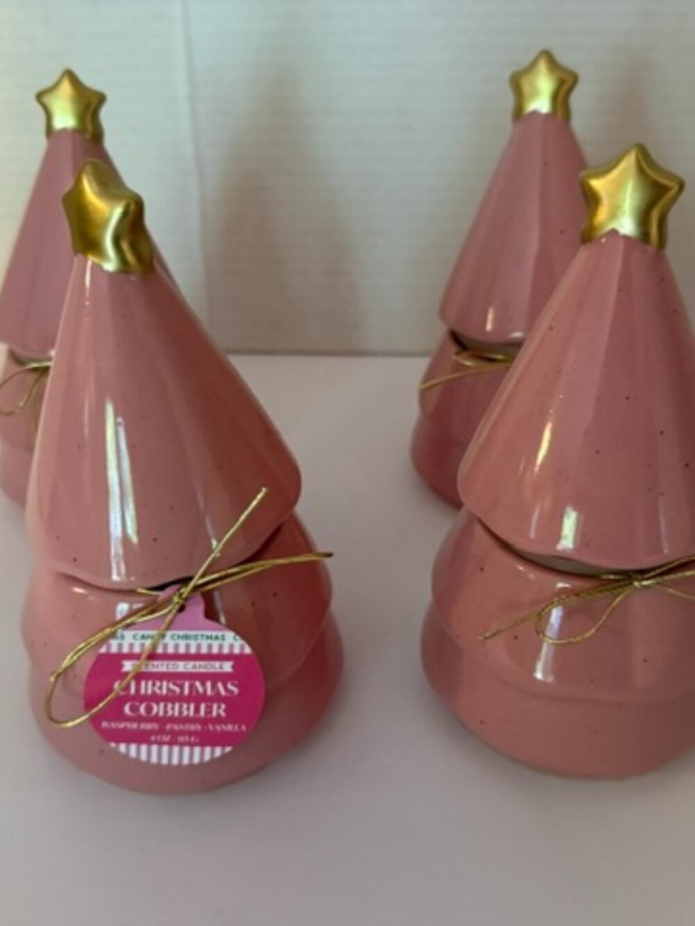 4 New-Scented Pink Ceramic Christmas Tree Candle-Christmas Cobbler - 4 oz